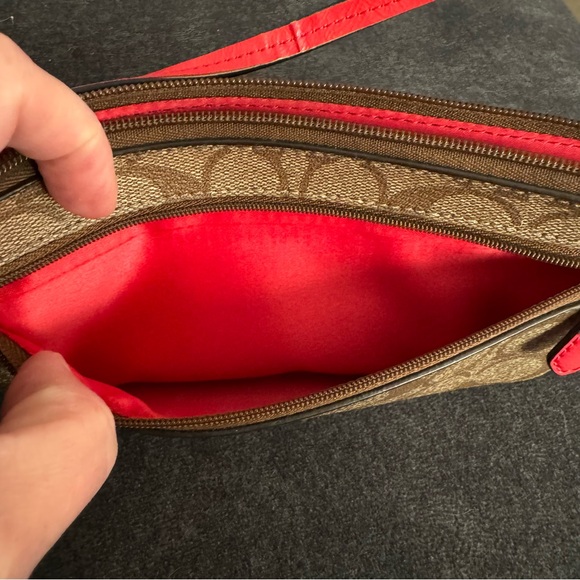 Classic Coach brown with orange accents, large pouch wristlet,inside/out zippers - Picture 3 of 11